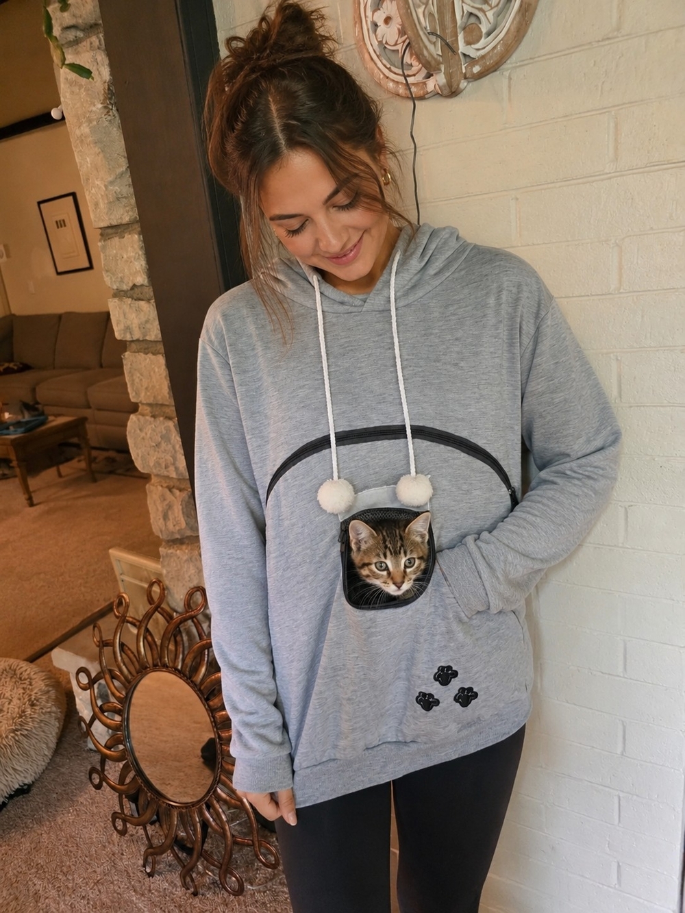 Cat Carrier Hoodie Gray Pet Pouch Sweatshirt Cat Ear Hood Zip Pocket Size L